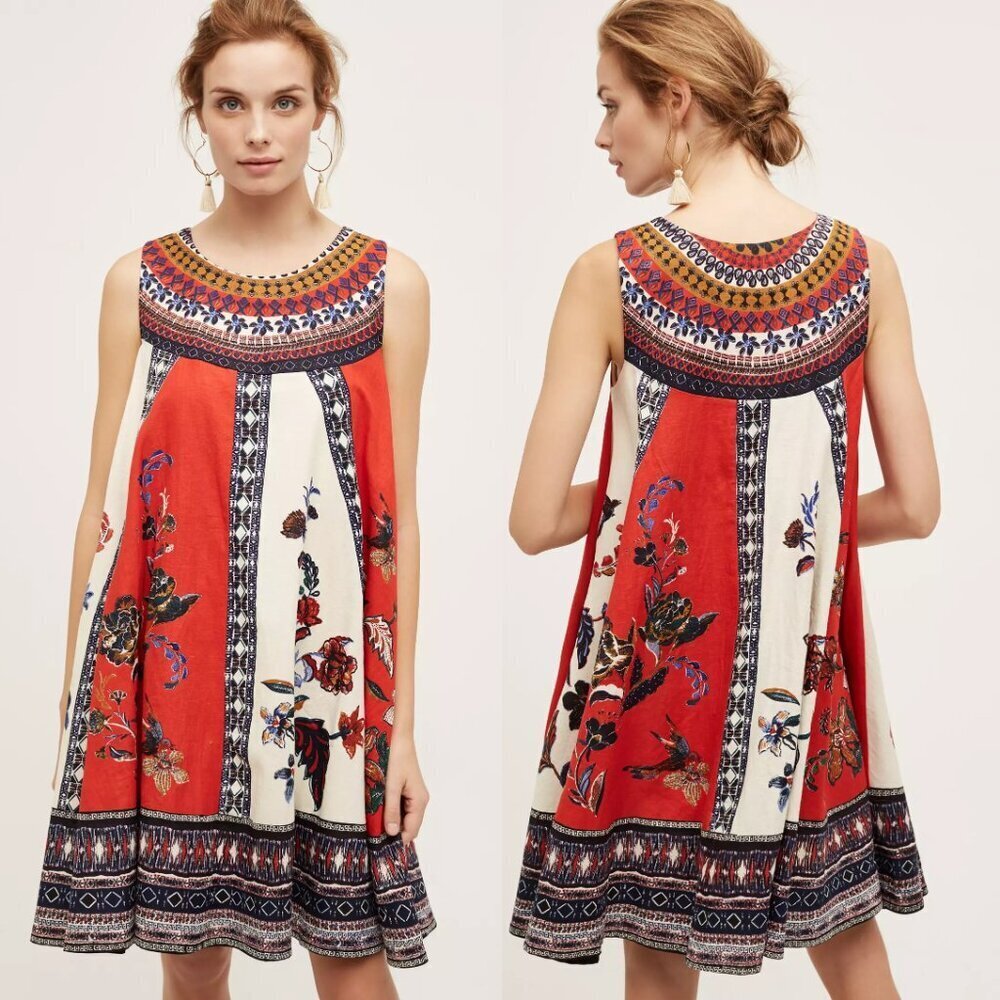 Maeve Cirque Swing Dress | Orange Cream Blue | Size Small